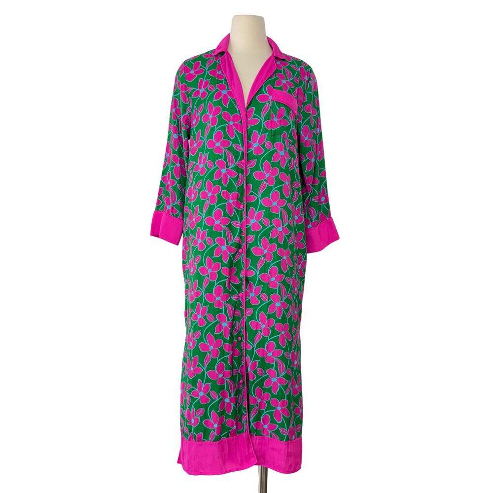 Kate Spade Floral Vines Sleep Shirt Pajama Lounge Dress Robe Kaftan Green/Pink M